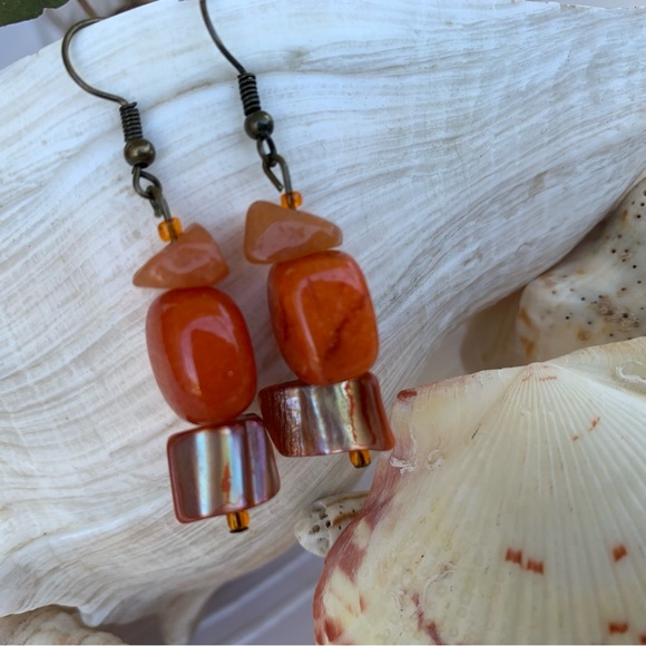 Handmade Jewelry - Drop Earrings Orange Tones Handcrafted Mixed Beads and Shell Materials Boho Chic